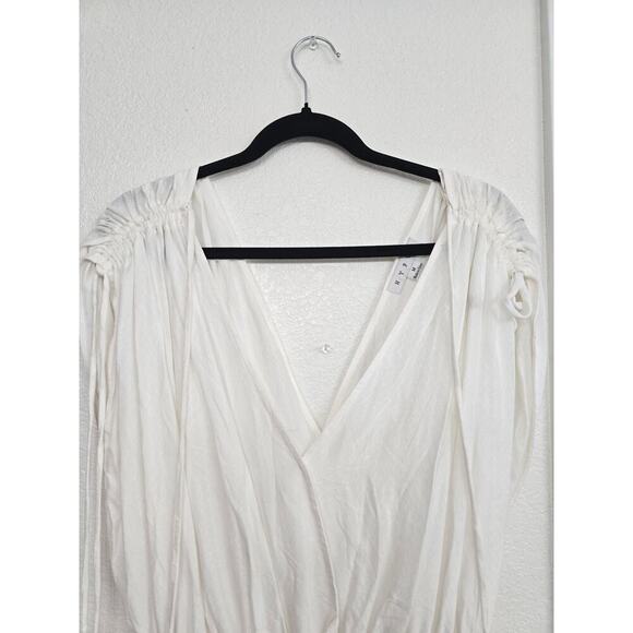 Hyfve White Romper Ruched Shoulders Tassel Ties Pockets Lined V-Neck Boho Chic M - Picture 2 of 13